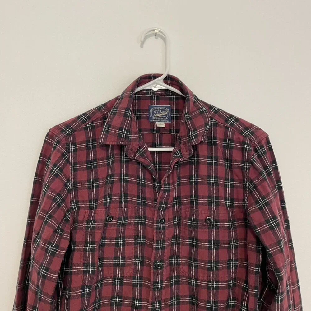 J. CREW Mens Sportsman's Outfitter Red Black White Plaid Button Down Flannel S